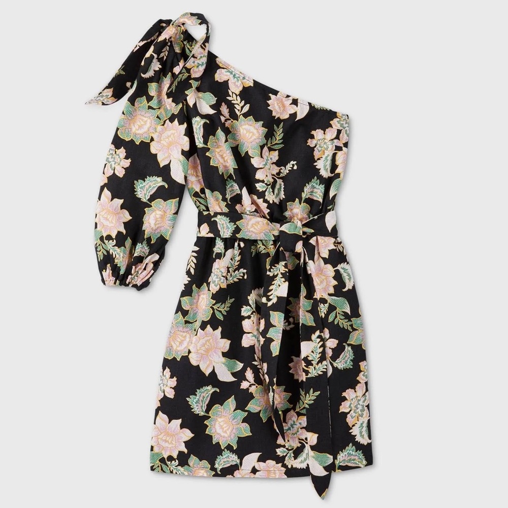 Who What Wear One Shoulder Black Pink Floral Mini Dress - Size XS